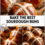 Golden Sourdough Hot Cross Buns with icing crosses on a baking tray for Easter Sourdough Desserts.